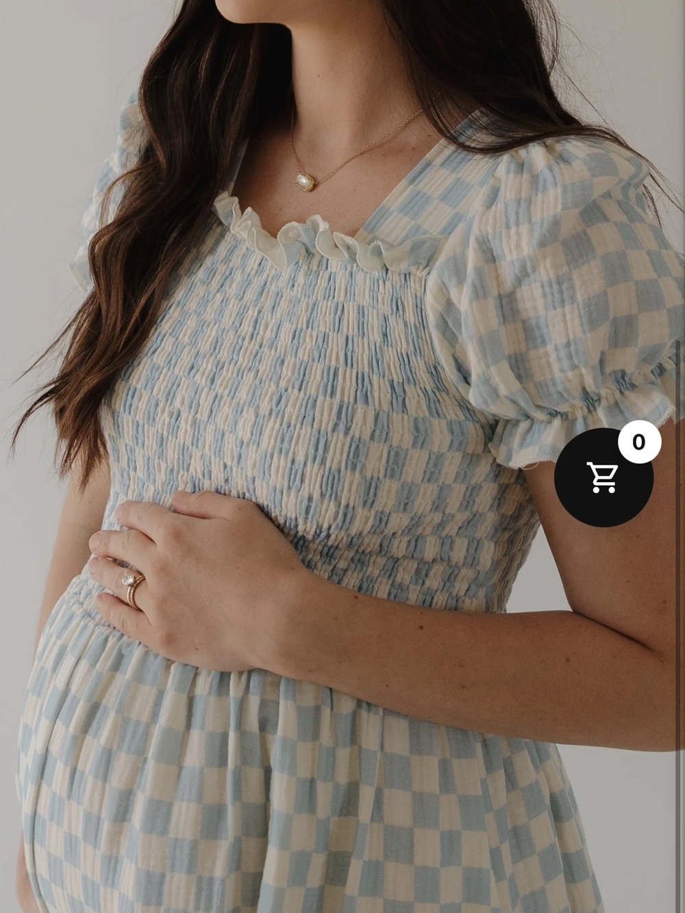 Smocked Puff-Sleeve Midi Dress in Light Blue and Cream